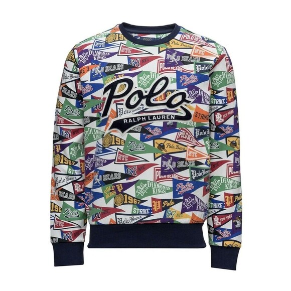 POLO / RALPH LAUREN - Embroidered POLO Pennants Baseball Flags M Sweater - Picture 1 of 11